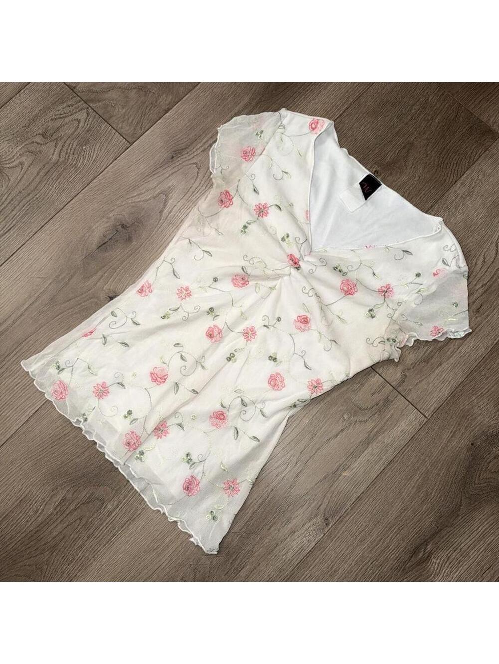 Y2K 2000s Wrapper Floral Embroidered Mesh Top